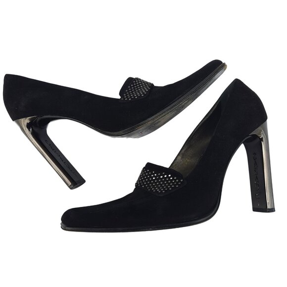 Vintage 90s Casadei Heels Square Toe US Size 8 Black Suede Studded Pumps - Picture 5 of 14